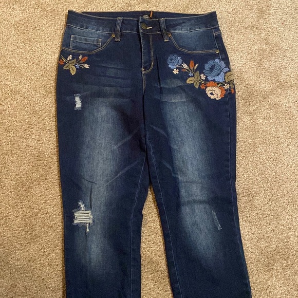 Royalty For Me Dark Blue Skinny Jeans with Floral Embroidery - Picture 1 of 3